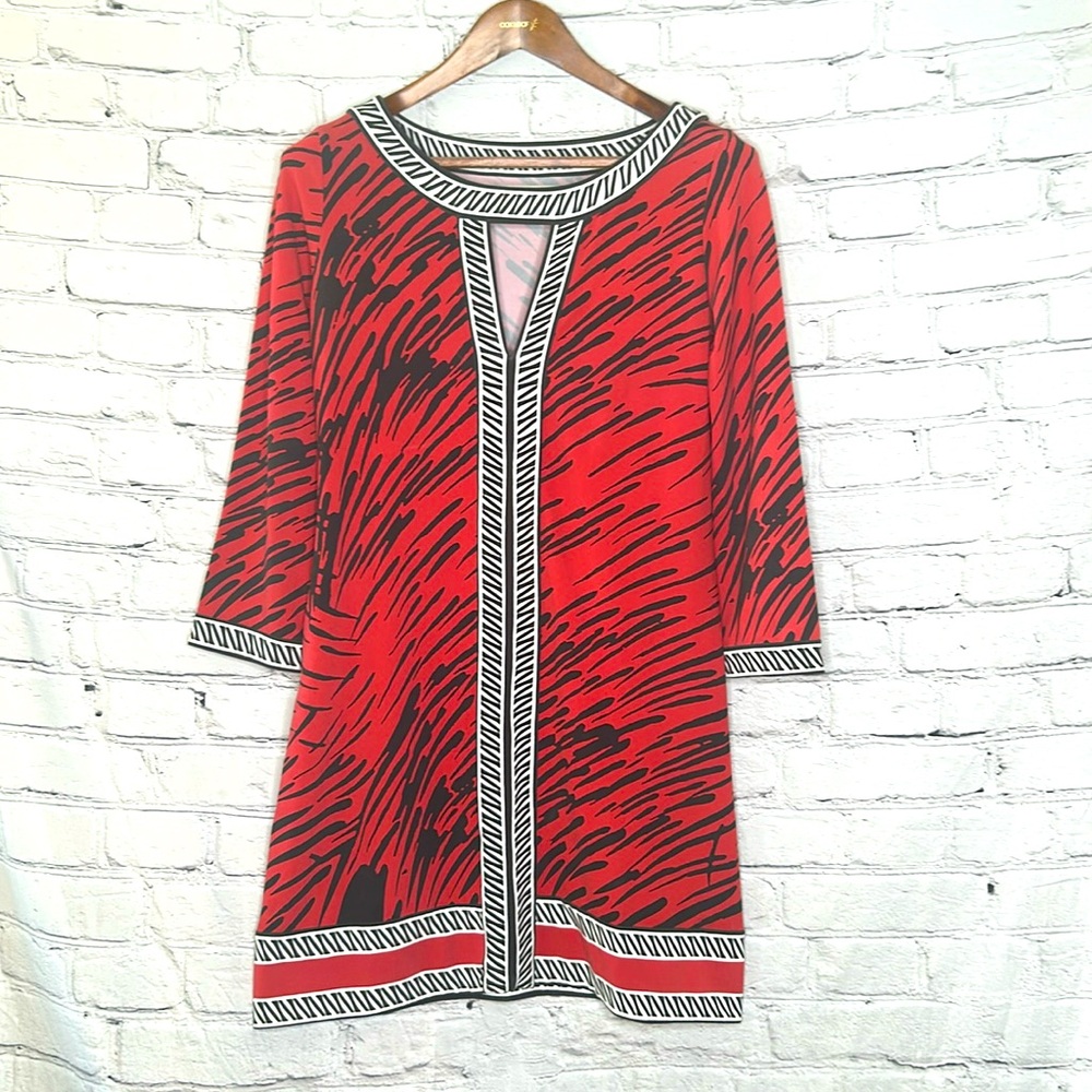 Tracy Negoshian Red Black Zebra Print Round Neck Long Sleeve Dress Size Small